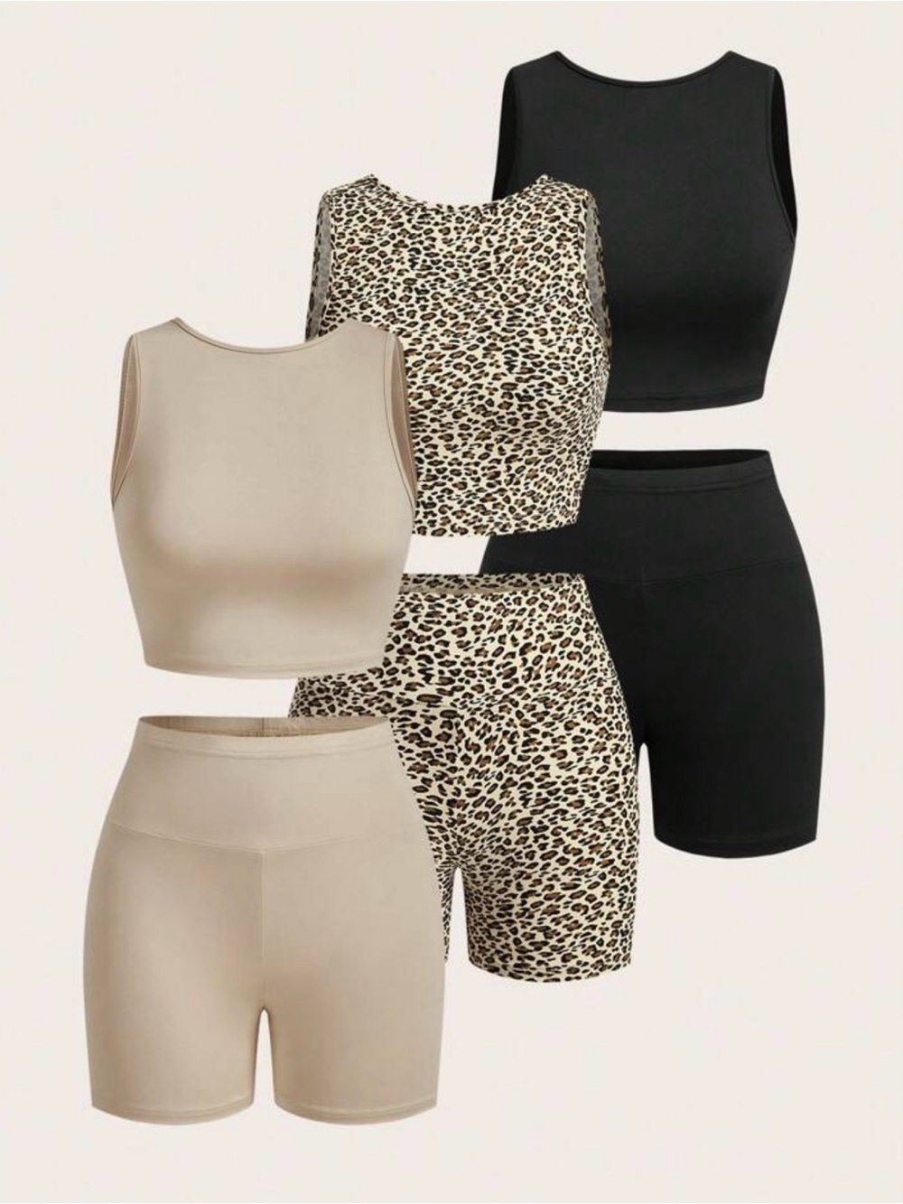 SHEIN 3-Pack Athletic Crop Tops & Biker Shorts Set - Black, Beige, Leopard